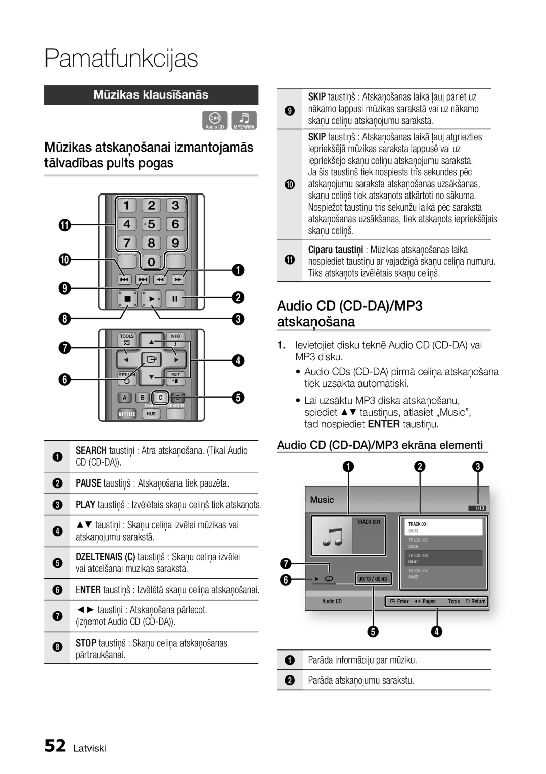 Samsung BD-D7500/EN manual Mūzikas klausīšanās, Audio CD CD-DA/MP3 ekrāna elementi, Cd Cd-Da 