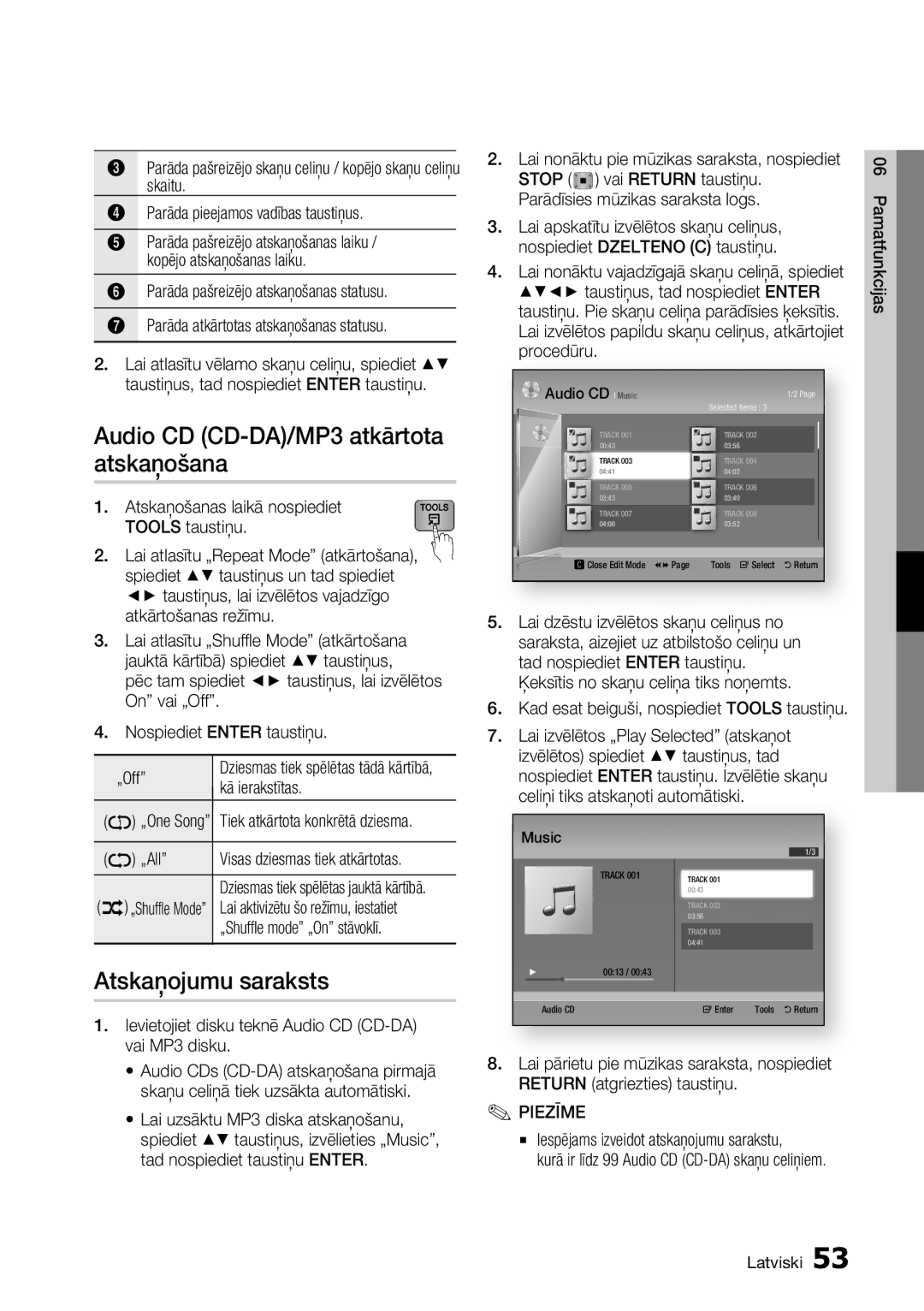 Samsung BD-D7500/EN manual Audio CD CD-DA/MP3 atkārtota atskaņošana, Atskaņojumu saraksts 