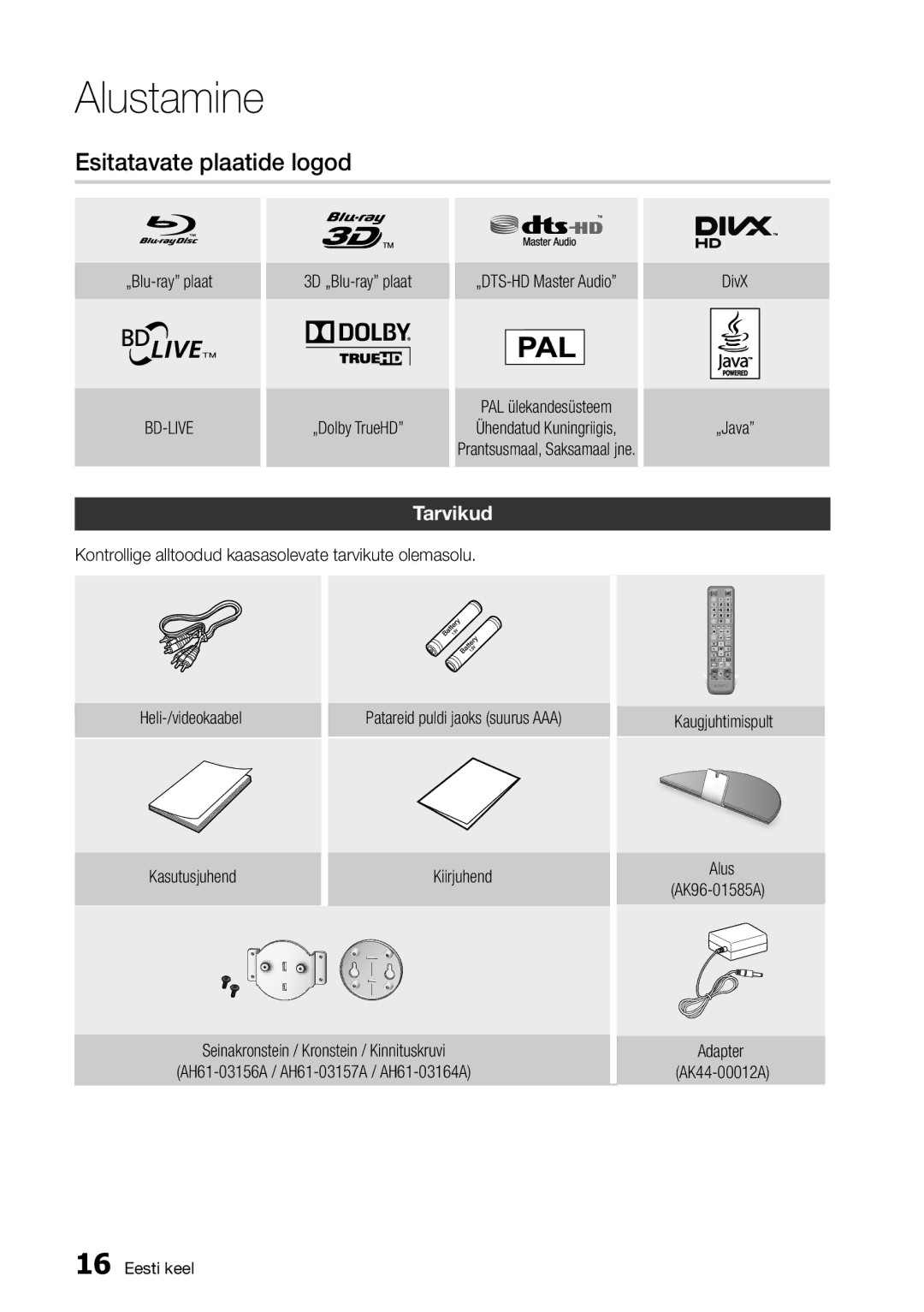 Samsung BD-D7500/EN manual Esitatavate plaatide logod, Tarvikud, „Blu-ray plaat 3D „Blu-ray plaat „DTS-HD Master Audio DivX 