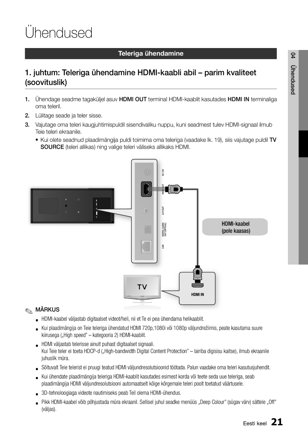 Samsung BD-D7500/EN manual Ühendused, Teleriga ühendamine, HDMI-kaabel pole kaasas 