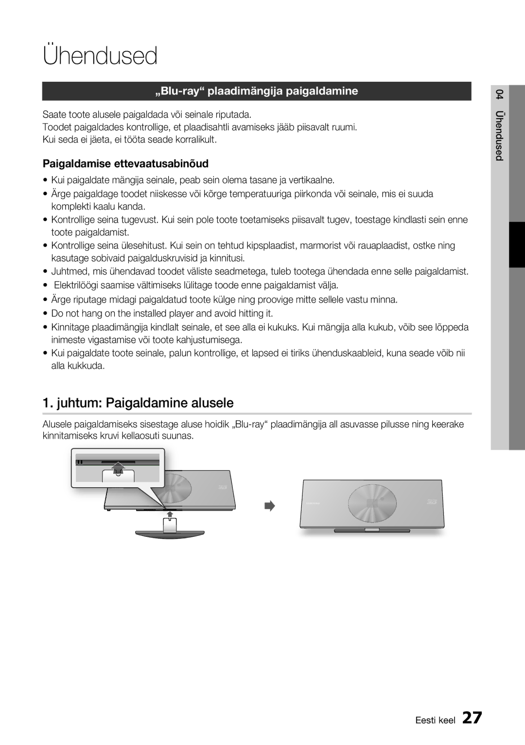 Samsung BD-D7500/EN manual Juhtum Paigaldamine alusele, „Blu-ray plaadimängija paigaldamine 