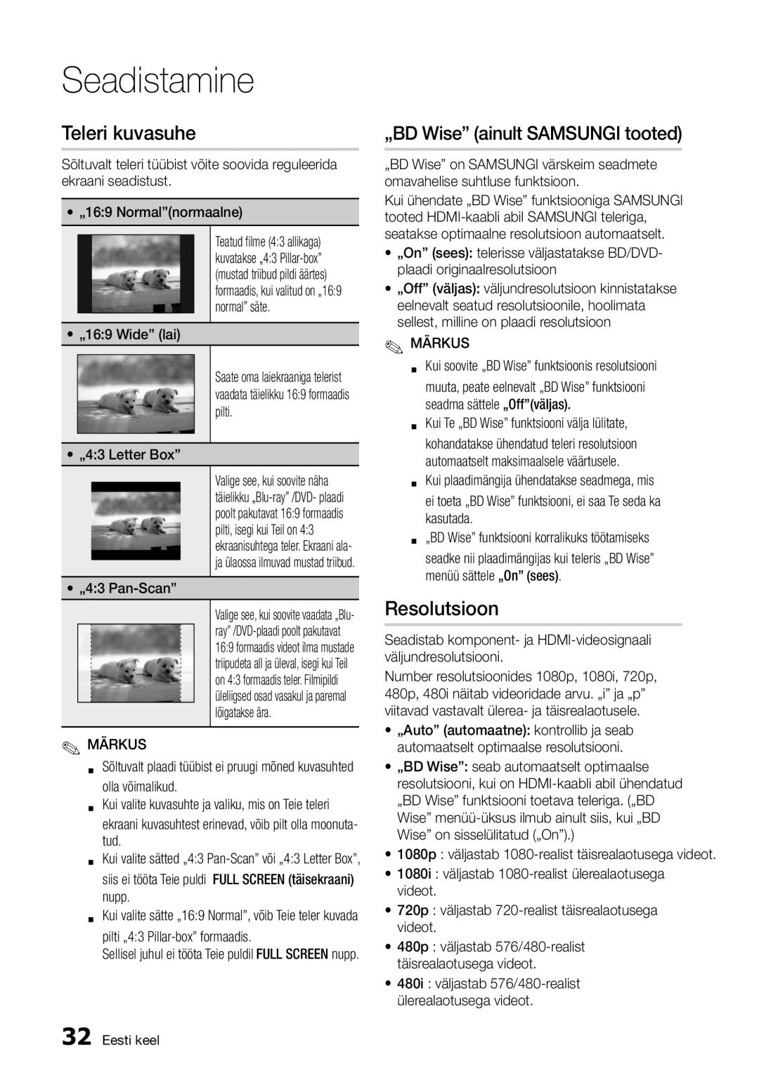 Samsung BD-D7500/EN manual Teleri kuvasuhe, Resolutsioon, „169 Wide lai, „43 Letter Box, „43 Pan-Scan 