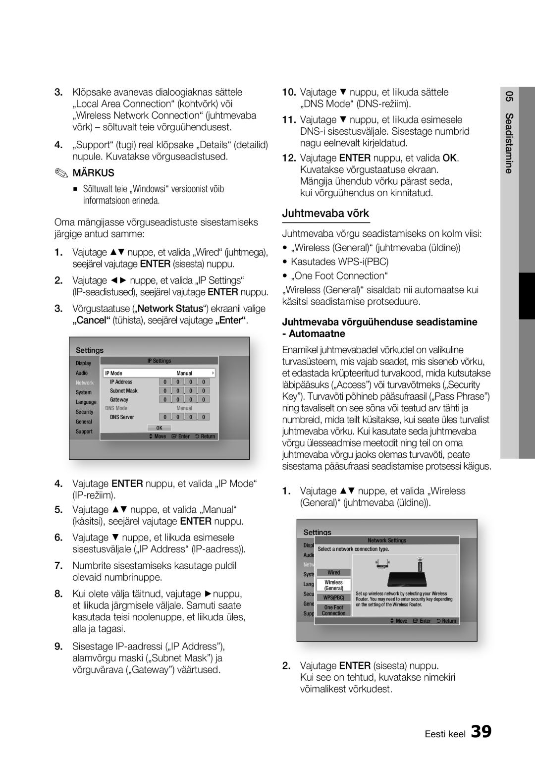 Samsung BD-D7500/EN manual Juhtmevaba võrk, Vajutage Enter nuppu, et valida „IP Mode IP-režiim 