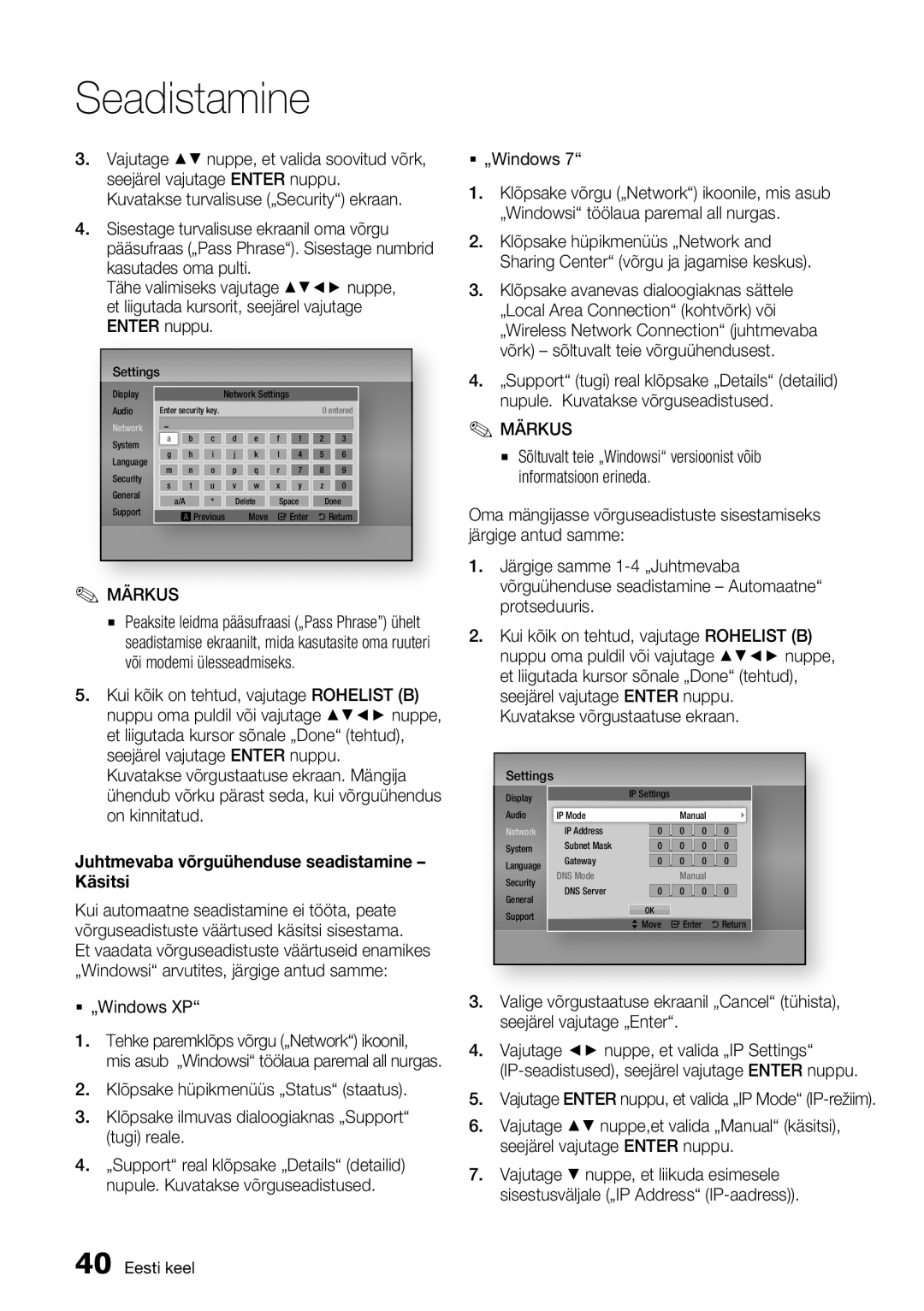 Samsung BD-D7500/EN Juhtmevaba võrguühenduse seadistamine Käsitsi,  „Windows XP Tehke paremklõps võrgu „Network ikoonil 