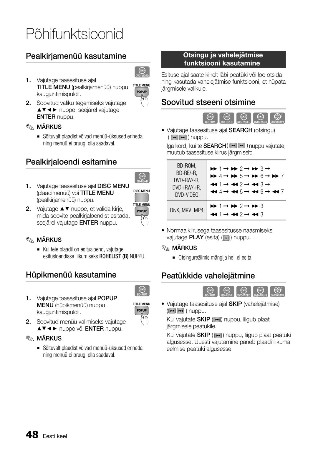 Samsung BD-D7500/EN manual Pealkirjamenüü kasutamine, Soovitud stseeni otsimine, Pealkirjaloendi esitamine 