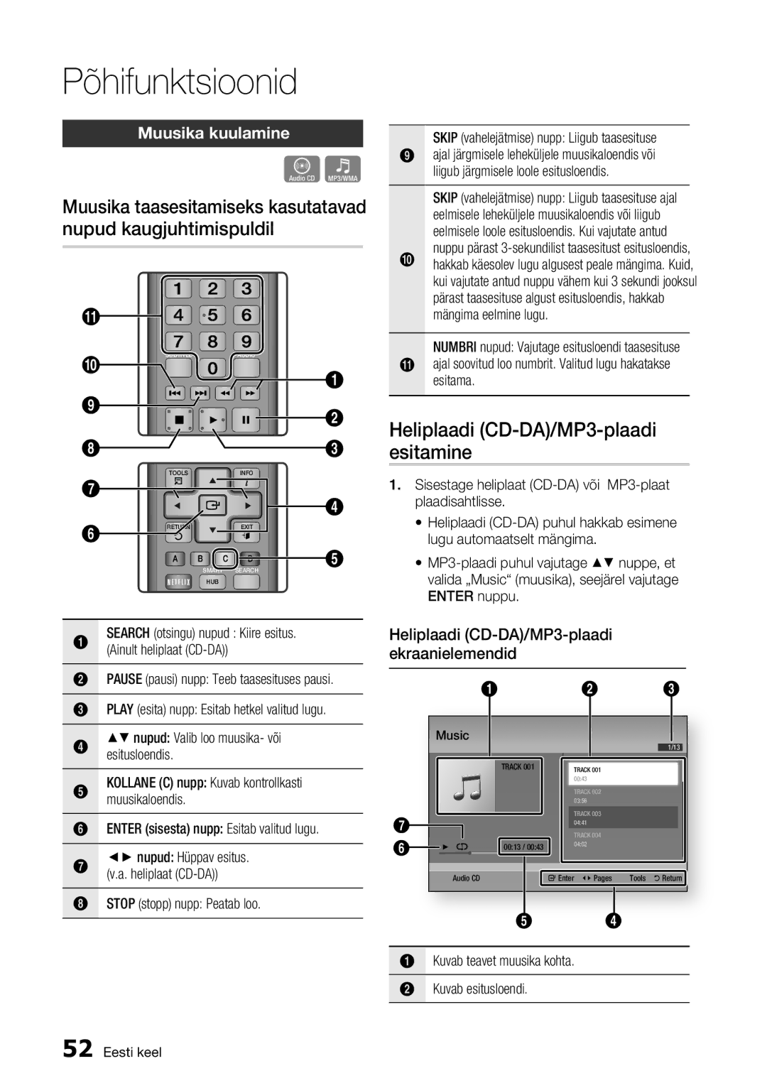 Samsung BD-D7500/EN manual Heliplaadi CD-DA/MP3-plaadi esitamine, Muusika kuulamine, Search otsingu nupud Kiire esitus 