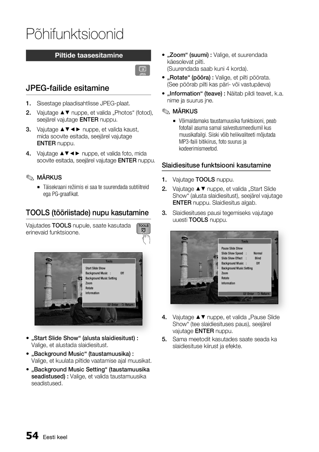 Samsung BD-D7500/EN manual JPEG-failide esitamine, Piltide taasesitamine, Slaidiesituse funktsiooni kasutamine 