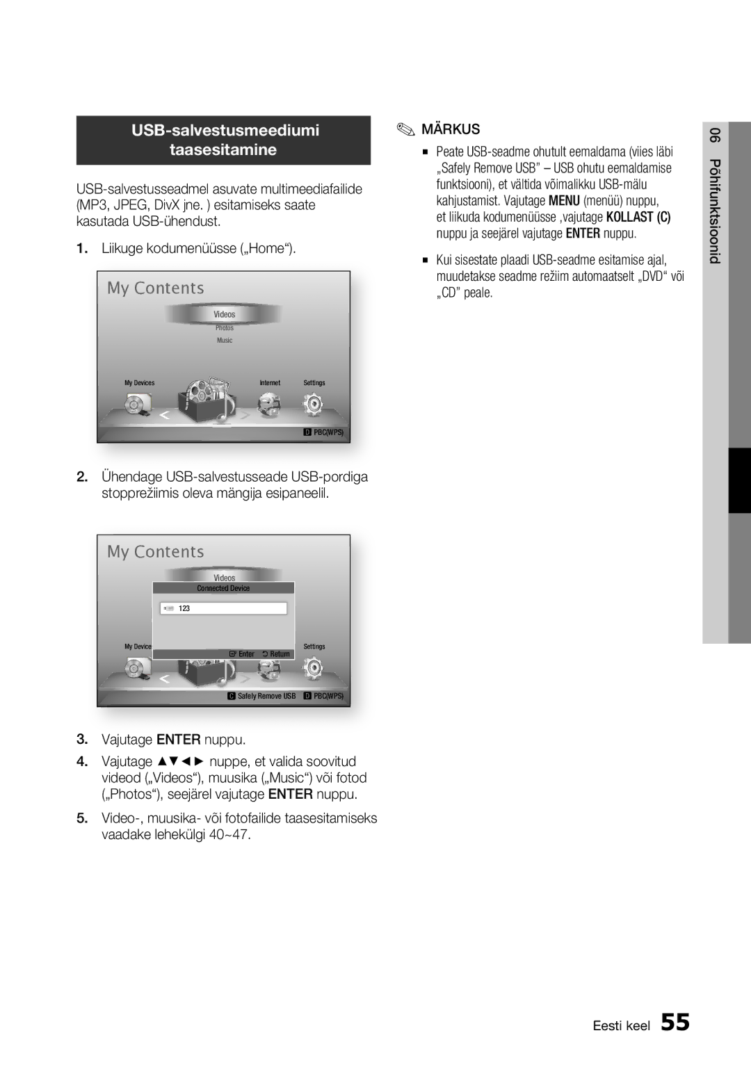 Samsung BD-D7500/EN manual USB-salvestusmeediumi Taasesitamine, Liikuge kodumenüüsse „Home 