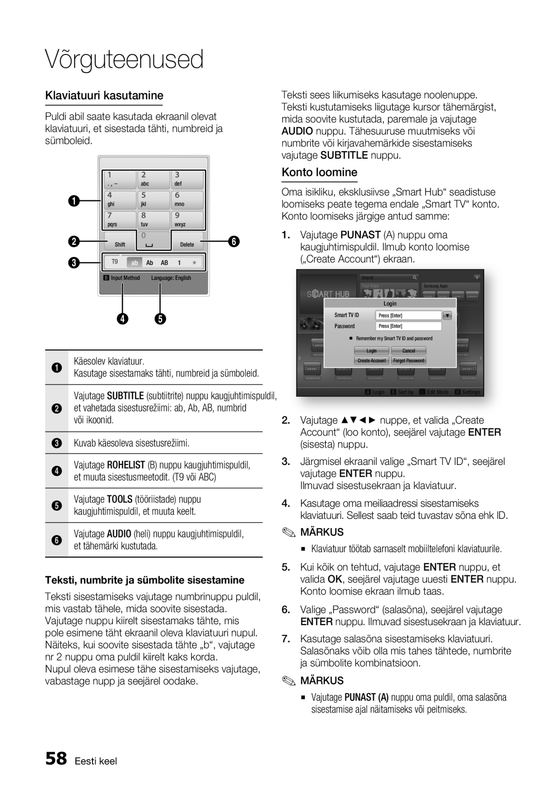 Samsung BD-D7500/EN Klaviatuuri kasutamine, Konto loomine, Käesolev klaviatuur, Teksti, numbrite ja sümbolite sisestamine 