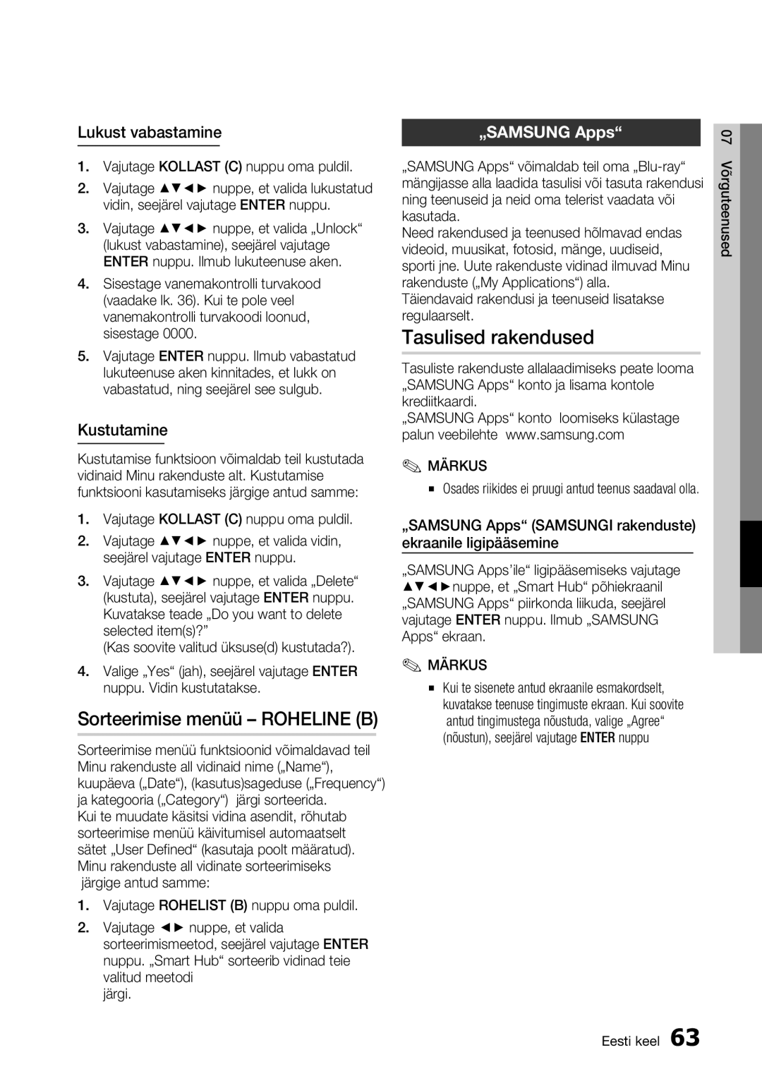 Samsung BD-D7500/EN manual Tasulised rakendused, Lukust vabastamine, „SAMSUNG Apps, Kustutamine 