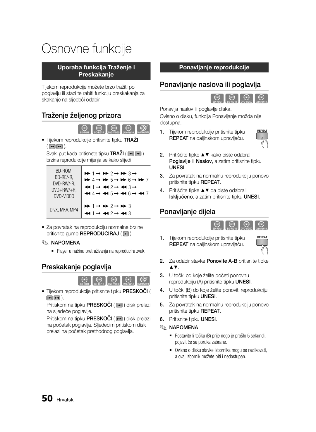 Samsung BD-D7500/EN manual Traženje željenog prizora, Preskakanje poglavlja, Ponavljanje naslova ili poglavlja 