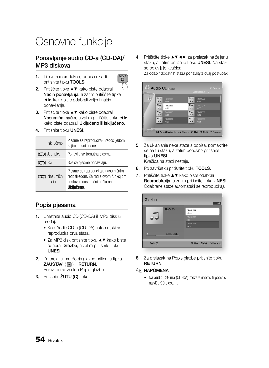 Samsung BD-D7500/EN manual Ponavljanje audio CD-a CD-DA/ MP3 diskova, Popis pjesama 