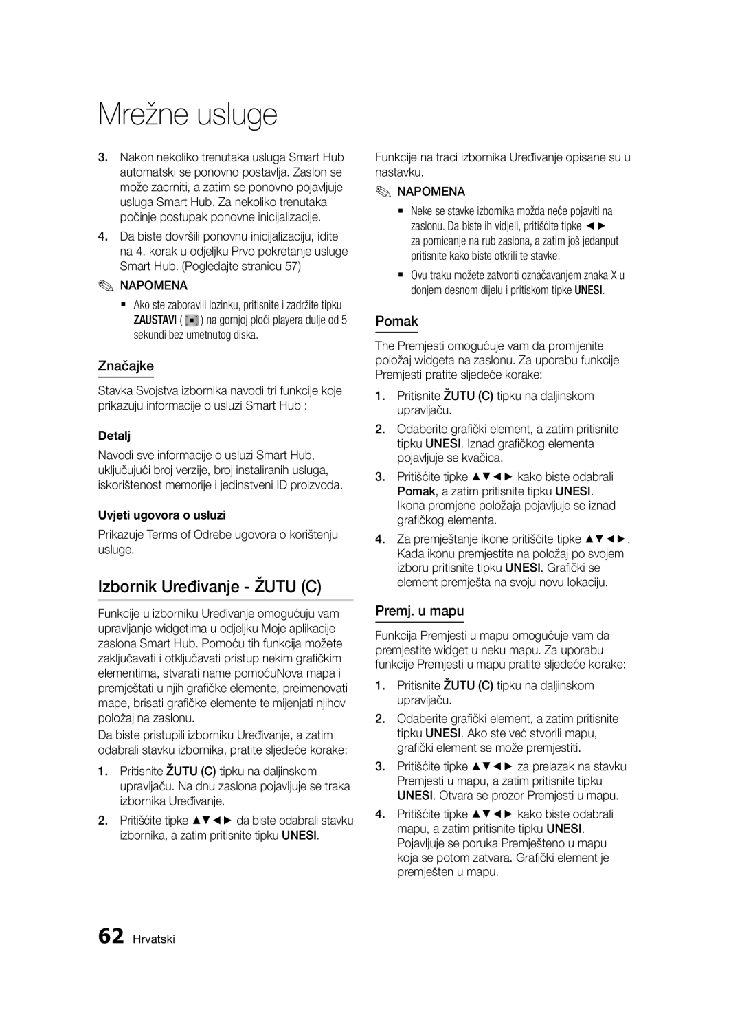 Samsung BD-D7500/EN manual Izbornik Uređivanje Žutu C, Značajke, Pomak, Premj. u mapu, Uvjeti ugovora o usluzi 