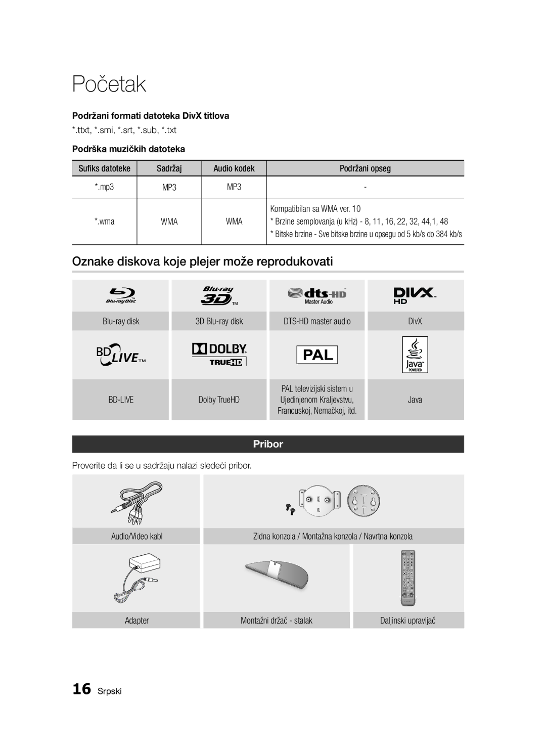 Samsung BD-D7500/EN manual Oznake diskova koje plejer može reprodukovati, Pribor, Podržani formati datoteka DivX titlova 