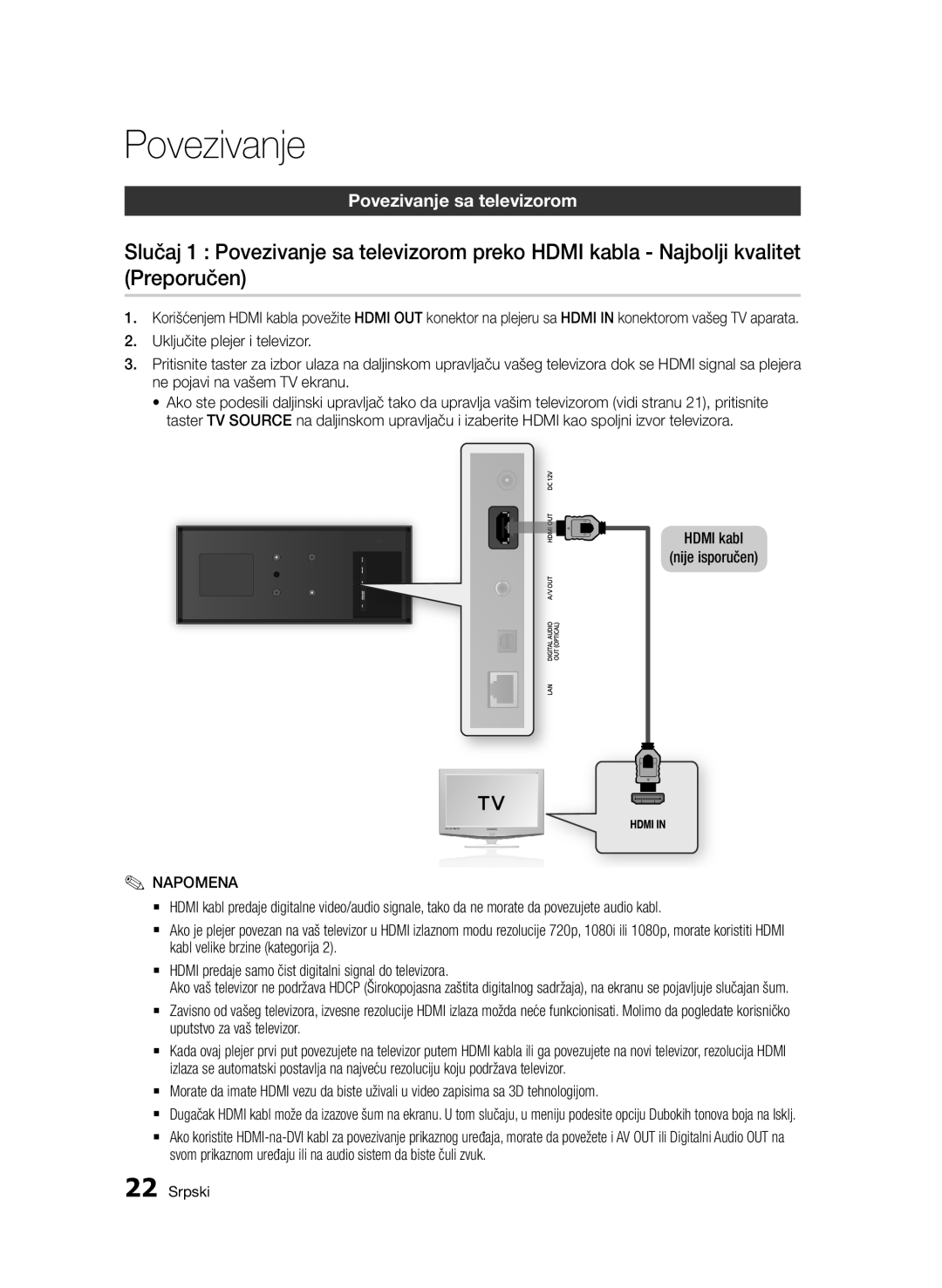 Samsung BD-D7500/EN manual Povezivanje sa televizorom, Hdmi kabl Nije isporučen, Uputstvo za vaš televizor 