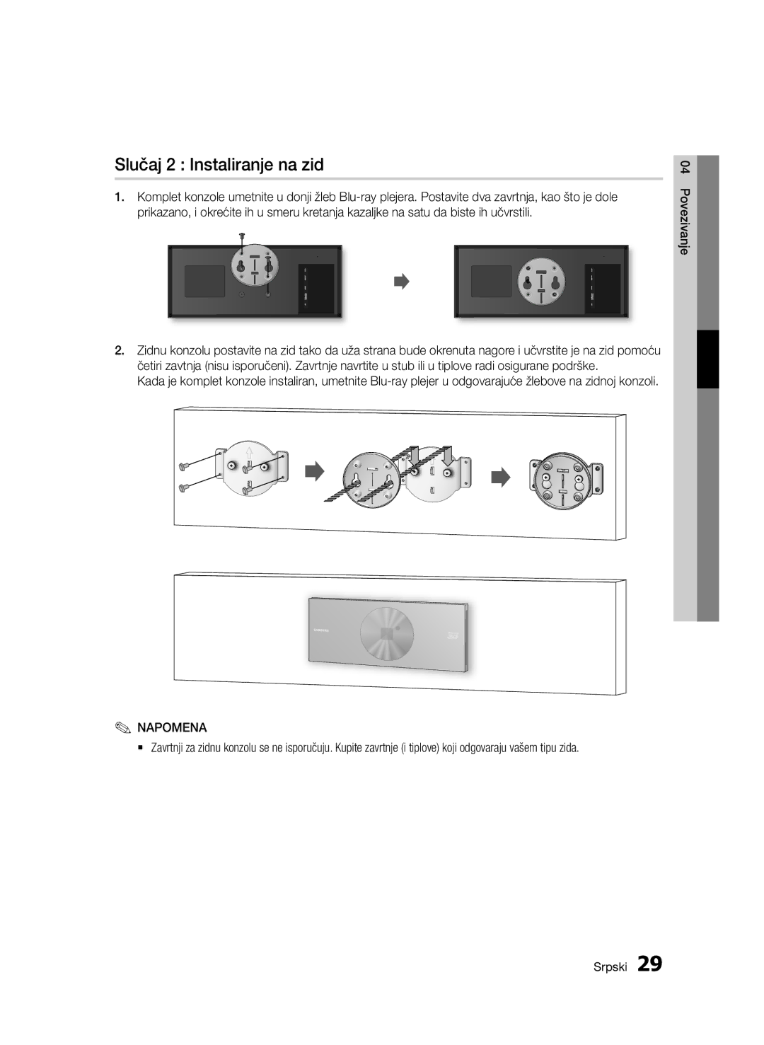 Samsung BD-D7500/EN manual Slučaj 2 Instaliranje na zid 