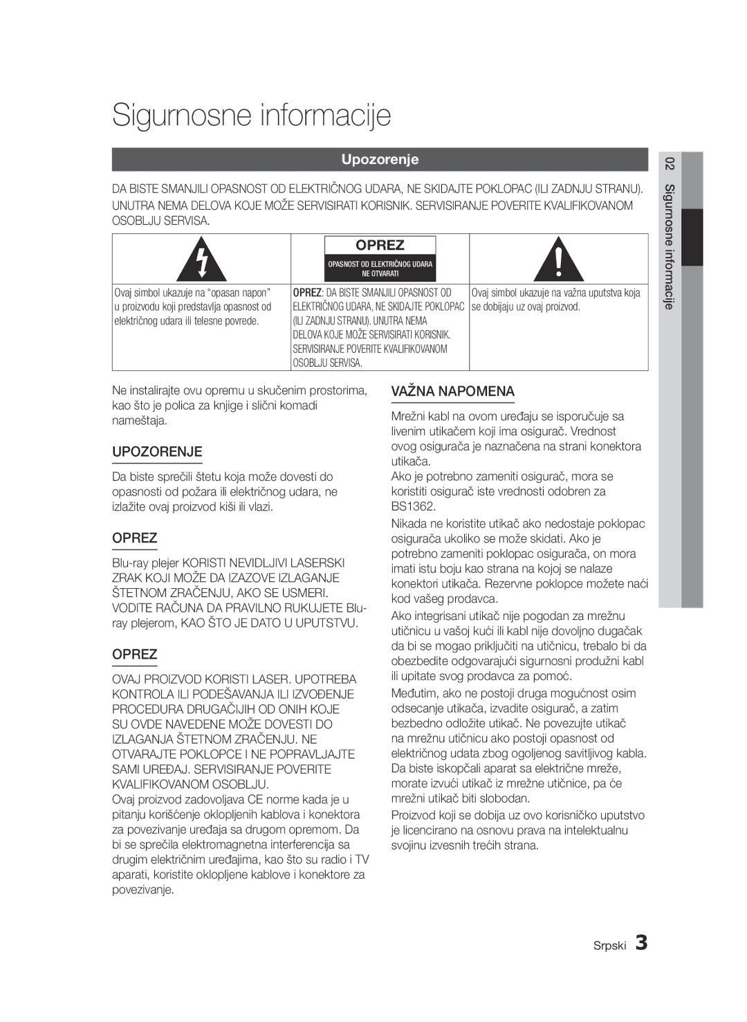 Samsung BD-D7500/EN manual Sigurnosne informacije, Upozorenje 