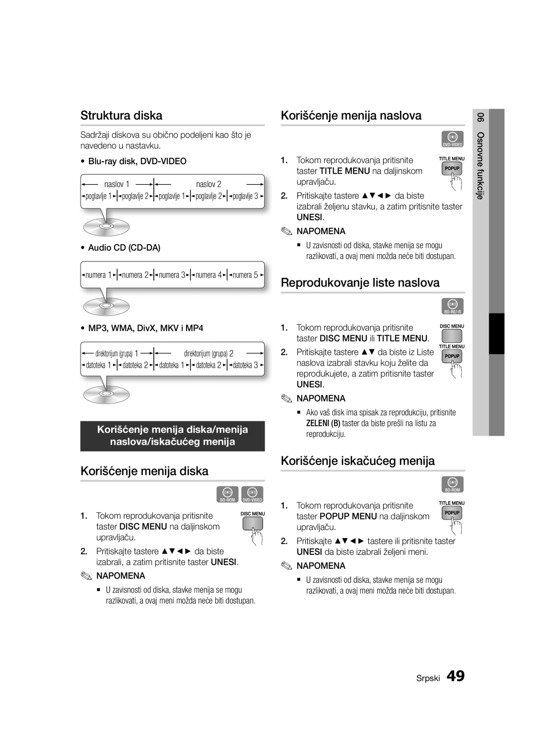 Samsung BD-D7500/EN Struktura diska, Korišćenje menija diska, Korišćenje menija naslova, Reprodukovanje liste naslova 