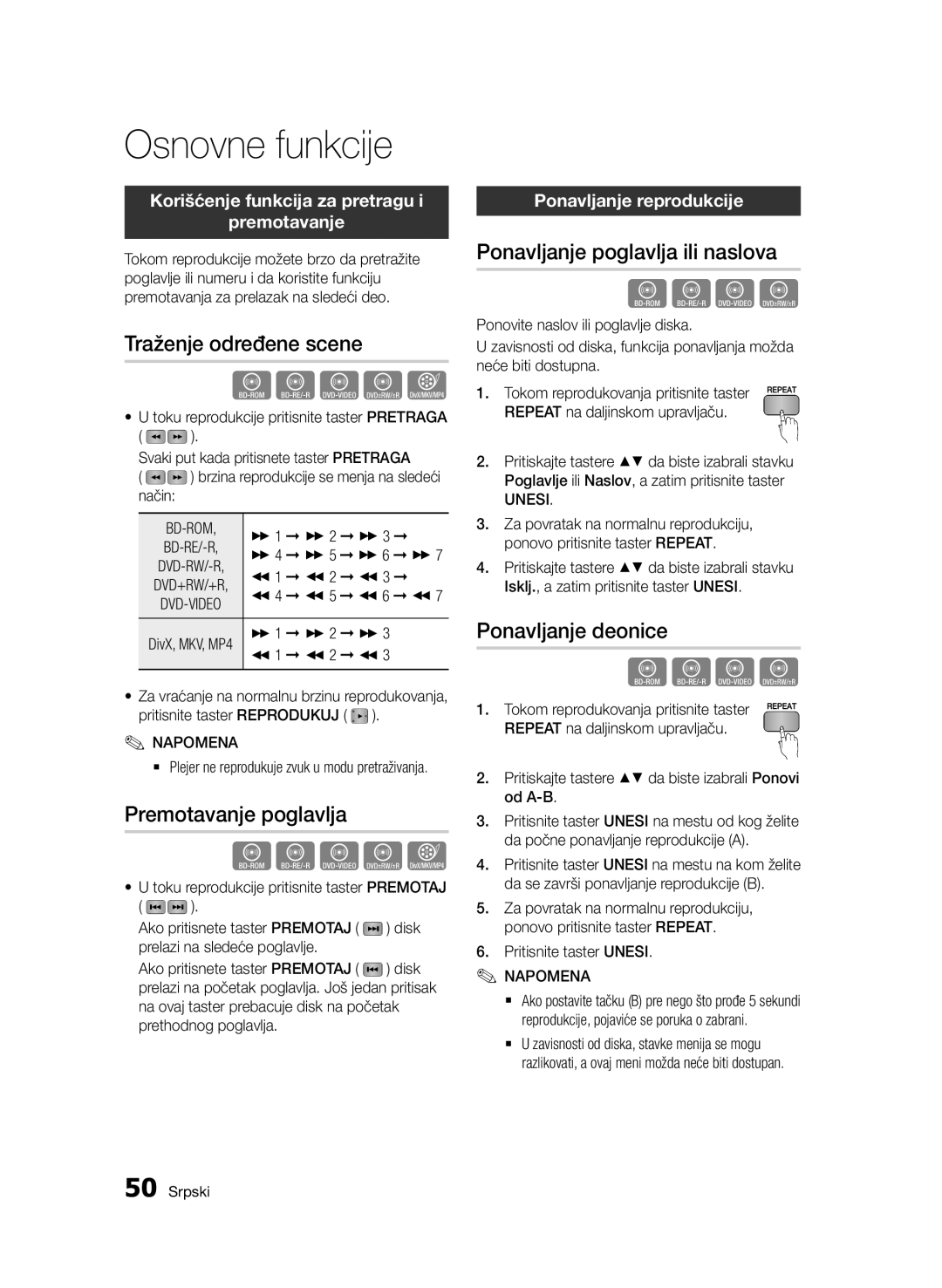 Samsung BD-D7500/EN manual Traženje određene scene, Premotavanje poglavlja, Ponavljanje poglavlja ili naslova 