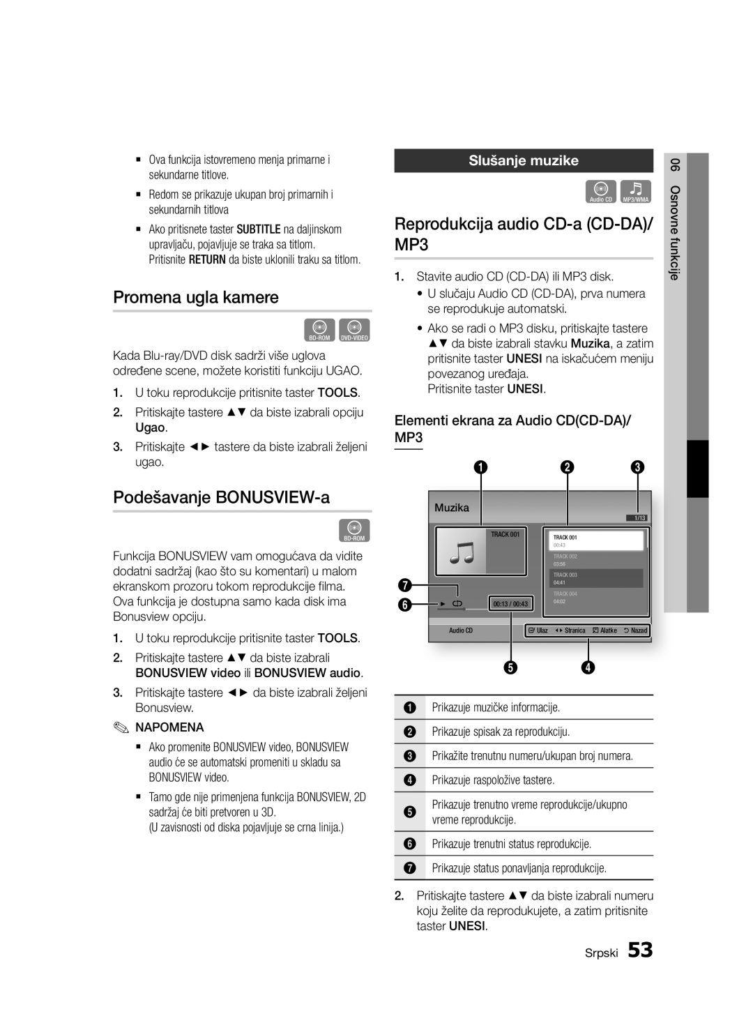 Samsung BD-D7500/EN Promena ugla kamere, Podešavanje BONUSVIEW-a, Reprodukcija audio CD-a CD-DA/ MP3, Slušanje muzike 