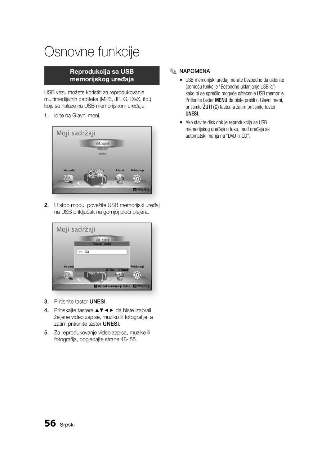 Samsung BD-D7500/EN manual Reprodukcija sa USB memorijskog uređaja, Idite na Glavni meni 