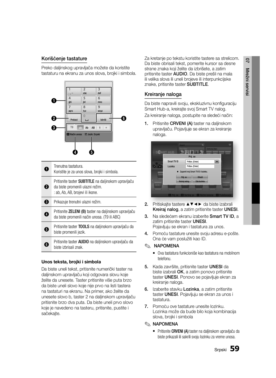 Samsung BD-D7500/EN manual Korišćenje tastature, Kreiranje naloga, Unos teksta, brojki i simbola 