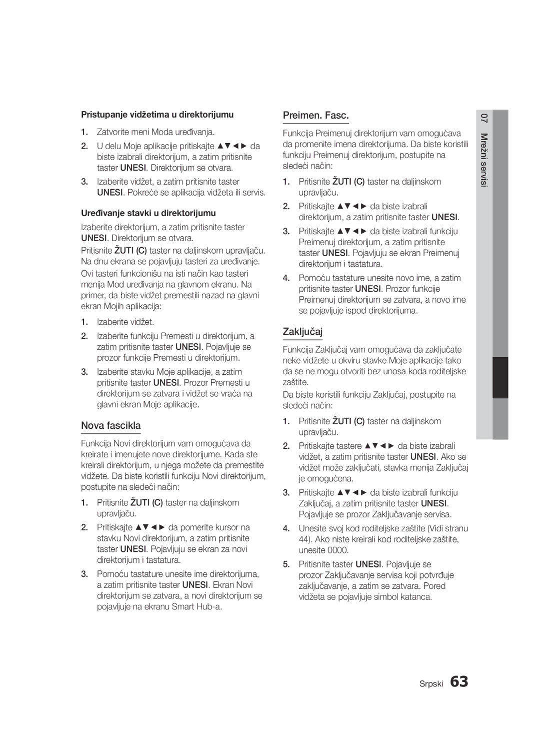 Samsung BD-D7500/EN manual Nova fascikla, Preimen. Fasc, Zaključaj, Pristupanje vidžetima u direktorijumu 