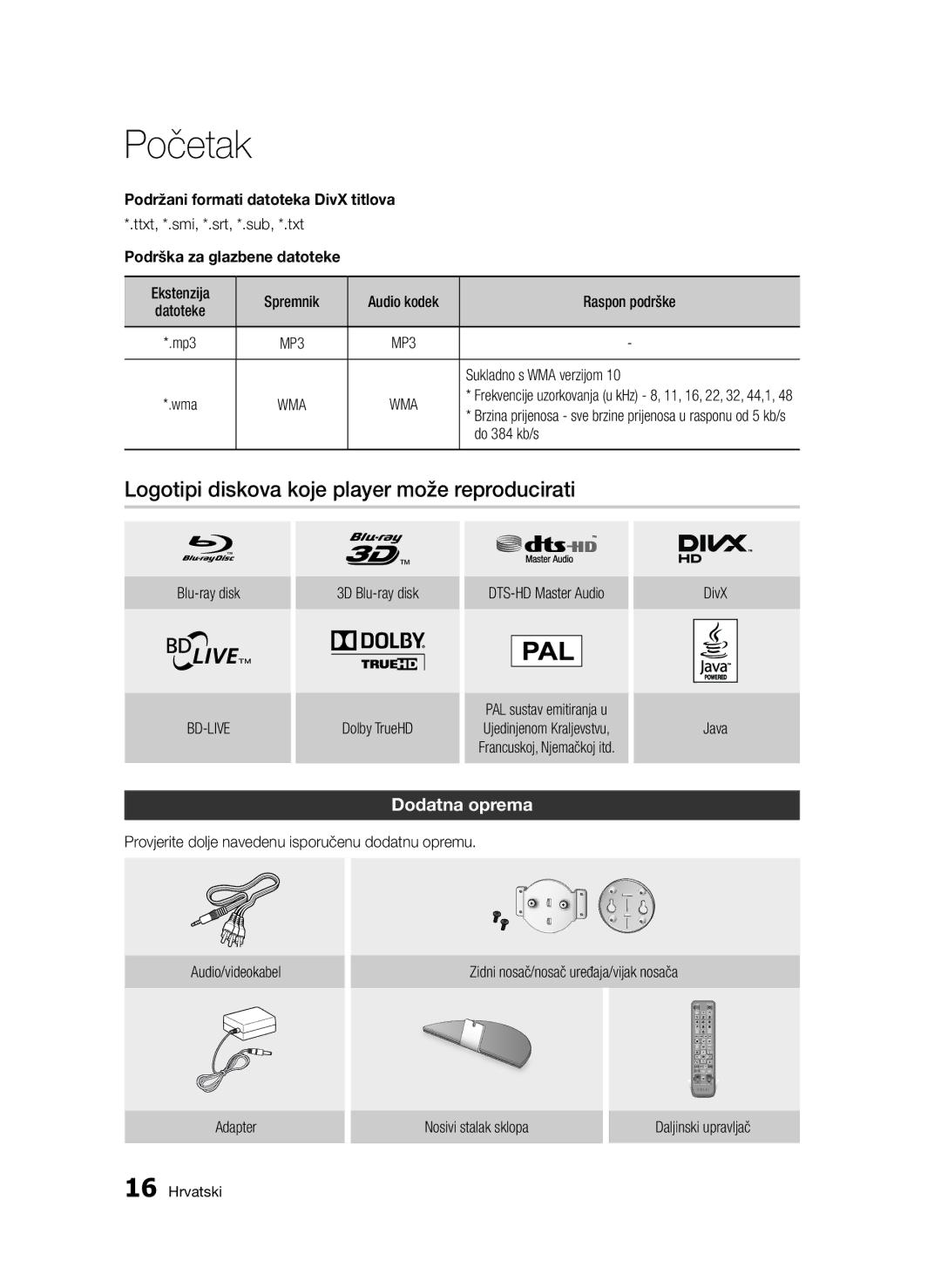 Samsung BD-D7500/EN manual Logotipi diskova koje player može reproducirati, Dodatna oprema, Podrška za glazbene datoteke 