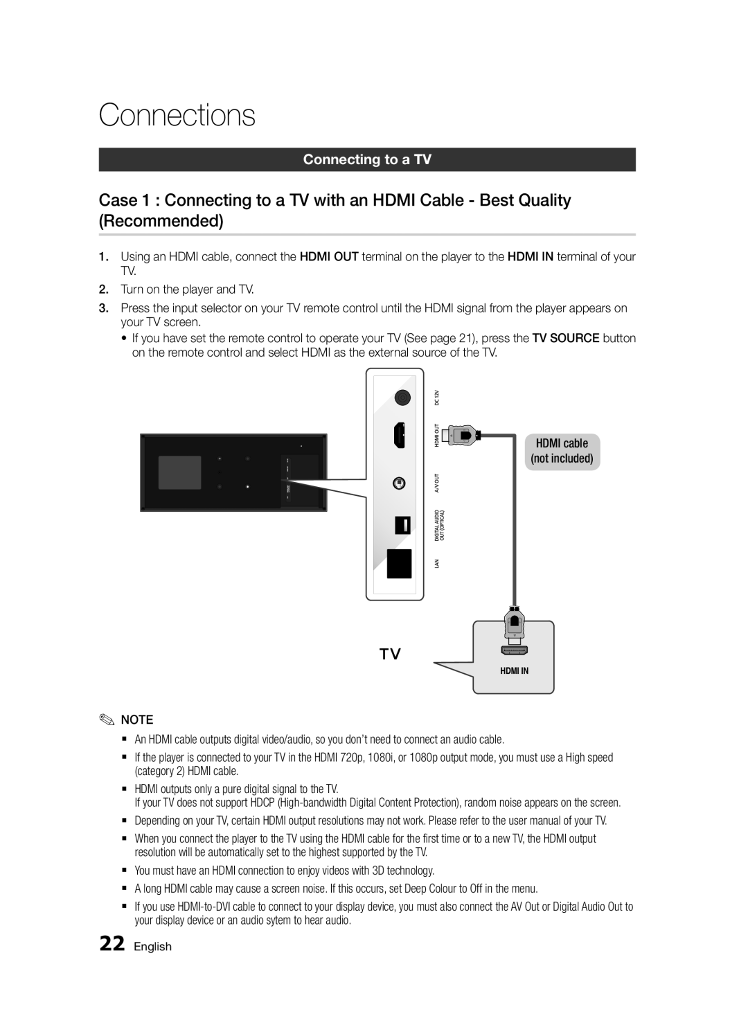 Samsung BD-D7500E/XE, BD-D7500/XN, BD-D7500/ZF, BD-D7500B/ZF, BD-D7500/EN, BD-D7500B/XE manual Connections, Connecting to a TV 