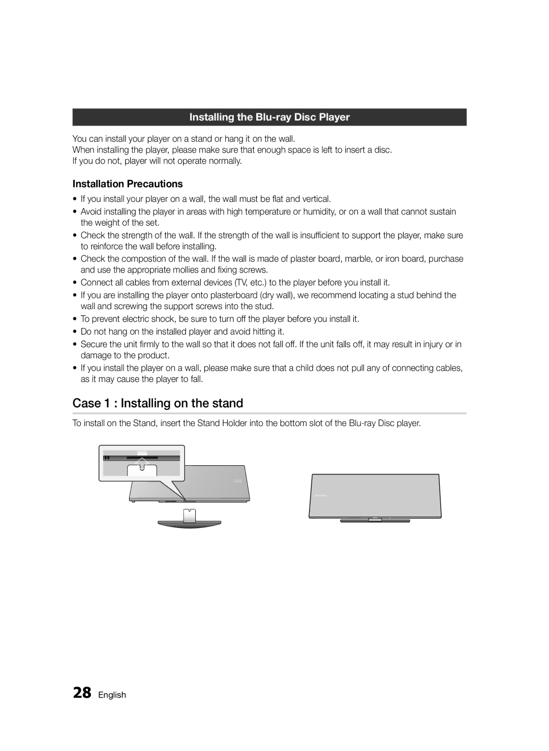 Samsung BD-D7500B/XE, BD-D7500/XN, BD-D7500/ZF manual Case 1 Installing on the stand, Installing the Blu-ray Disc Player 