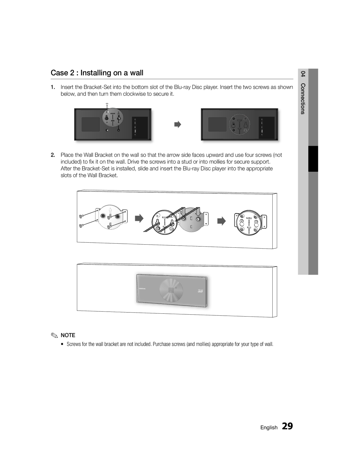 Samsung BD-D7500/XE, BD-D7500/XN, BD-D7500/ZF, BD-D7500B/ZF, BD-D7500/EN, BD-D7500B/XE manual Case 2 Installing on a wall 