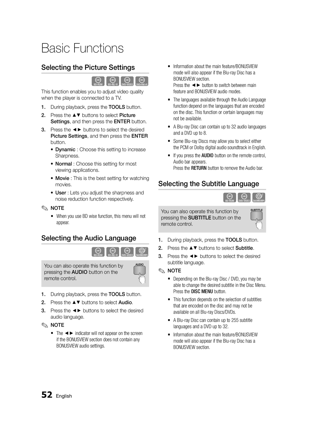 Samsung BD-D7500B/XE manual Selecting the Picture Settings, Selecting the Audio Language, Selecting the Subtitle Language 