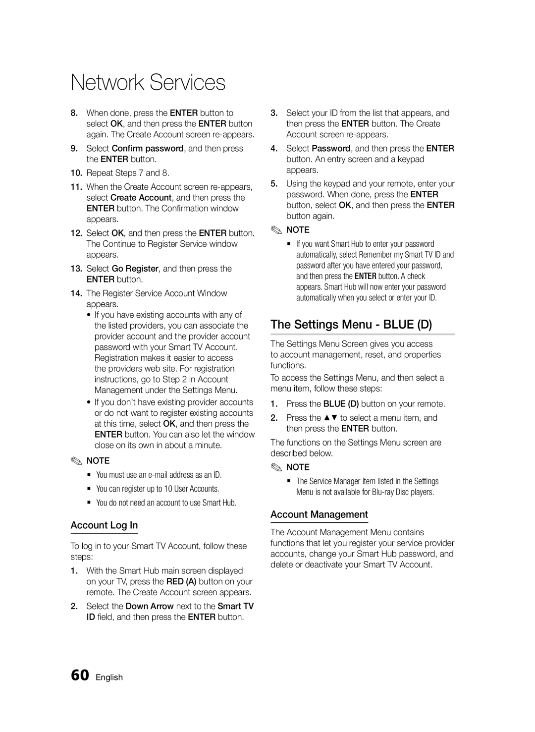 Samsung BD-D7500B/XE Settings Menu Blue D, Account Log, Account Management, `` You do not need an account to use Smart Hub 