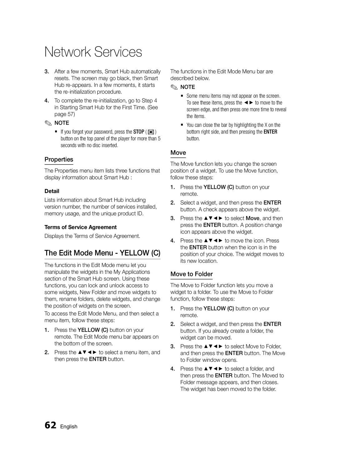 Samsung BD-D7500E/XE, BD-D7500/XN, BD-D7500/ZF, BD-D7500B/ZF manual Edit Mode Menu Yellow C, Properties, Move to Folder 