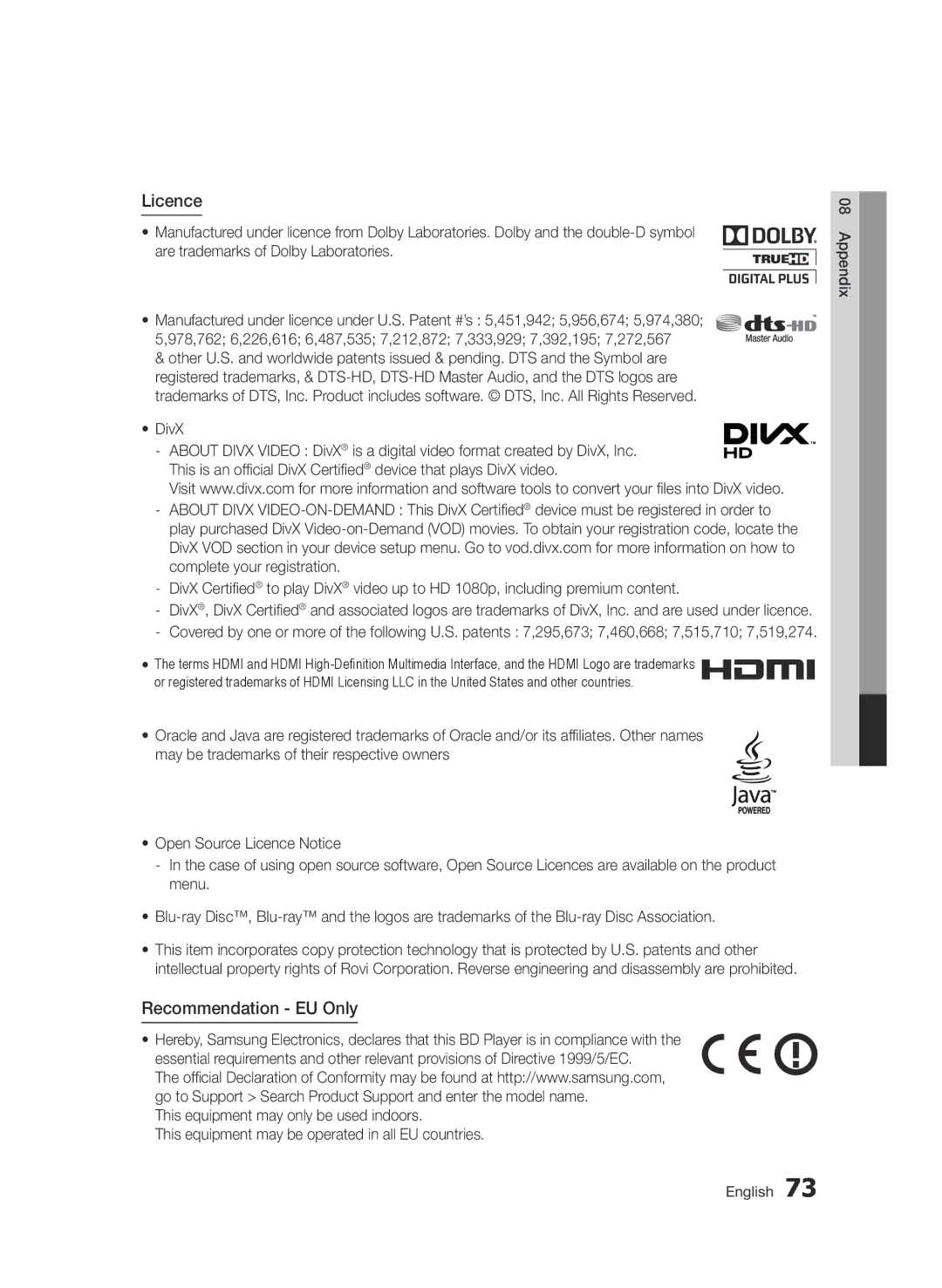 Samsung BD-D7500/ZF, BD-D7500/XN, BD-D7500B/ZF, BD-D7500/EN, BD-D7500B/XE, BD-D7500/XE manual Licence, Recommendation EU Only 