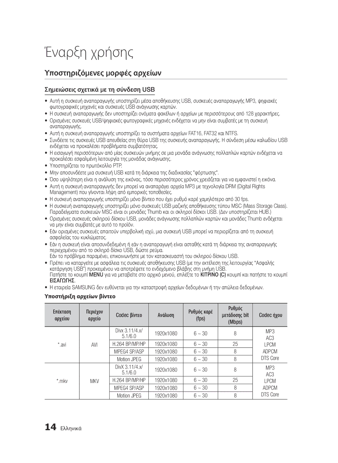 Samsung BD-D7500/ZF, BD-D7500/XN manual Υποστηριζόμενες μορφές αρχείων, Σημειώσεις σχετικά με τη σύνδεση USB, Εισαγωγησ, Fps 