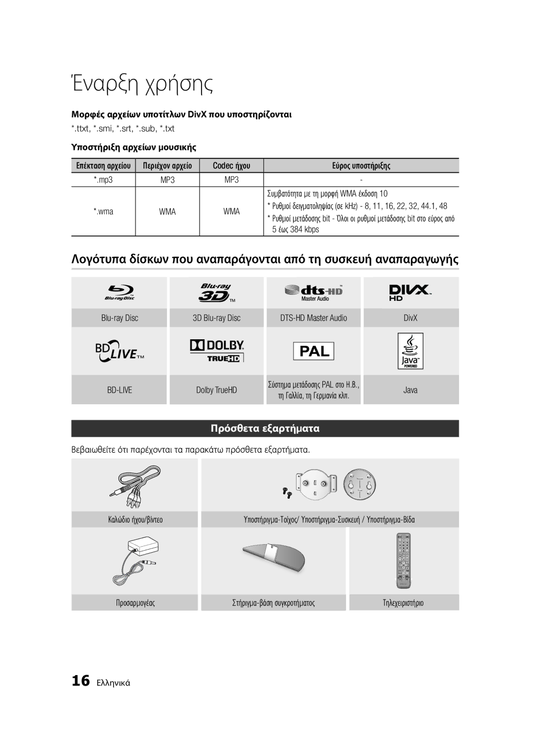 Samsung BD-D7500/EN, BD-D7500/XN, BD-D7500/ZF manual Πρόσθετα εξαρτήματα, Μορφές αρχείων υποτίτλων DivX που υποστηρίζονται 