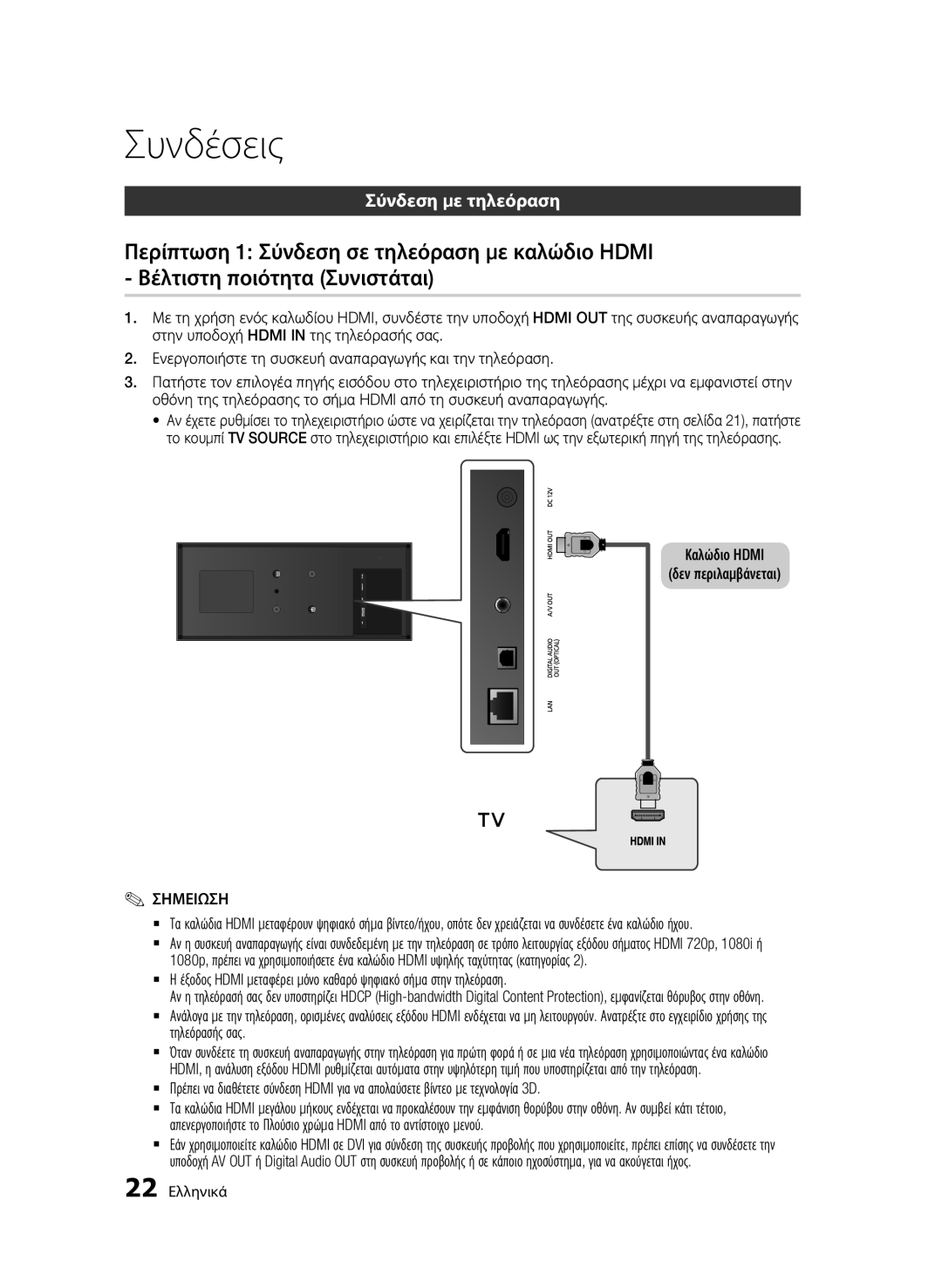 Samsung BD-D7500/ZF, BD-D7500/XN manual Συνδέσεις, Σύνδεση με τηλεόραση, Καλώδιο Hdmi Δεν περιλαμβάνεται, Τηλεόρασής σας 