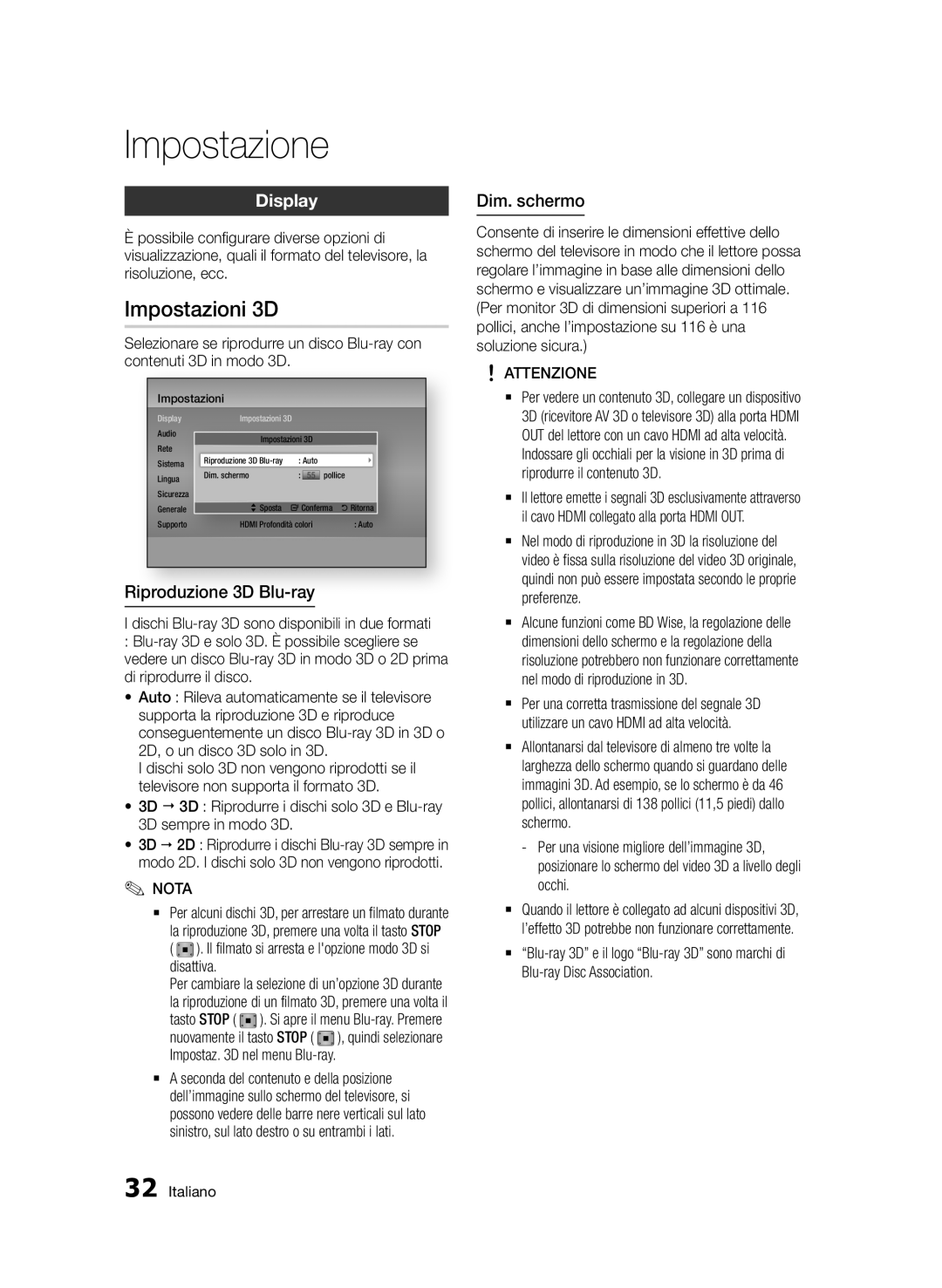 Samsung BD-D7500/EN, BD-D7500/XN, BD-D7500/ZF, BD-D7500B/ZF Impostazioni 3D, Display, Riproduzione 3D Blu-ray, Dim. schermo 