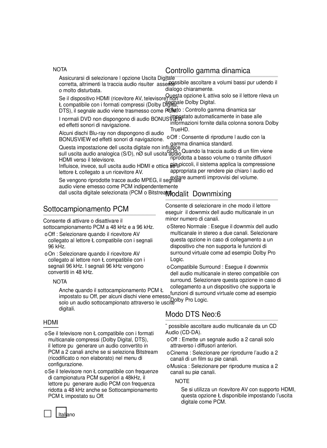 Samsung BD-D7500E/ZF, BD-D7500/XN Sottocampionamento PCM, Controllo gamma dinamica, Modalità Downmixing, Modo DTS Neo6 