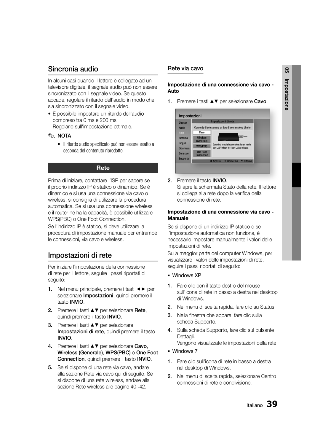 Samsung BD-D7500/XN, BD-D7500/ZF, BD-D7500B/ZF, BD-D7500/EN manual Sincronia audio, Impostazioni di rete, Rete via cavo 