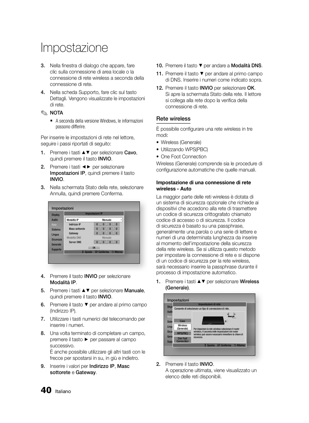 Samsung BD-D7500/ZF manual Rete wireless, Impostazione di una connessione di rete wireless Auto, Premere il tasto Invio 