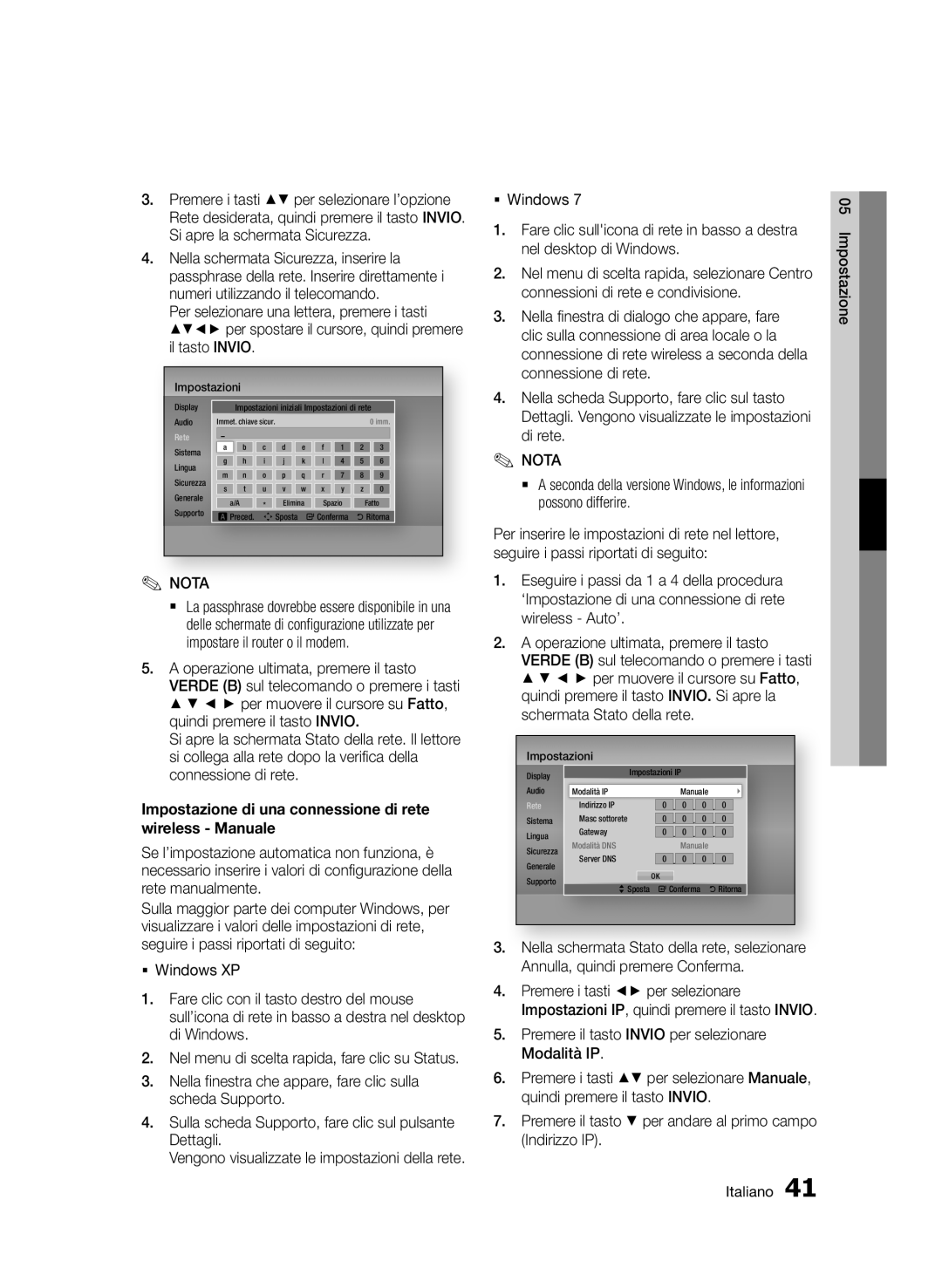 Samsung BD-D7500B/ZF, BD-D7500/XN, BD-D7500/ZF, BD-D7500/EN manual Impostazione di una connessione di rete wireless Manuale 