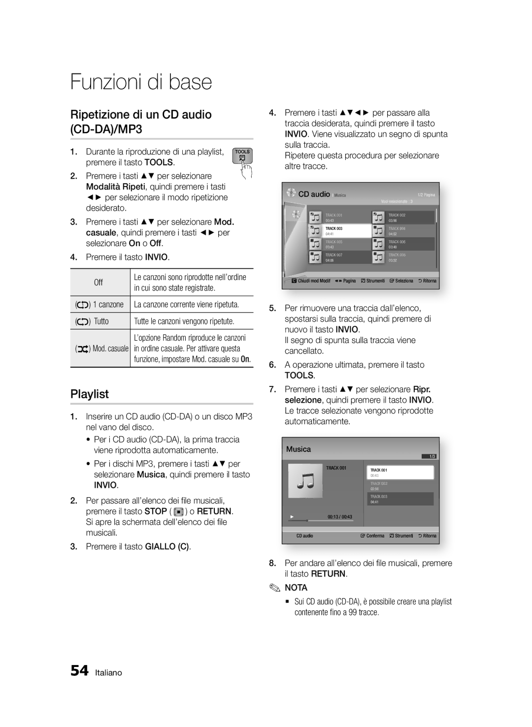 Samsung BD-D7500/XN, BD-D7500/ZF, BD-D7500B/ZF, BD-D7500/EN Ripetizione di un CD audio CD-DA/MP3, Playlist, Tutto, Canzone 