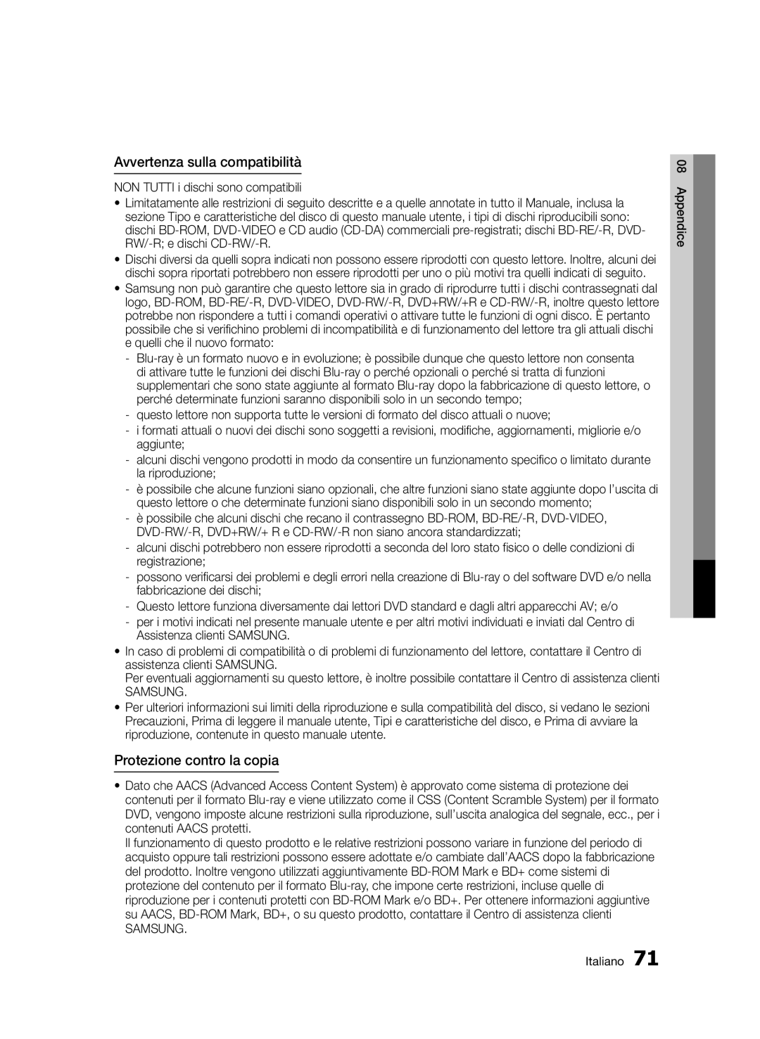 Samsung BD-D7500B/ZF, BD-D7500/XN, BD-D7500/ZF manual Avvertenza sulla compatibilità, Protezione contro la copia, Samsung 