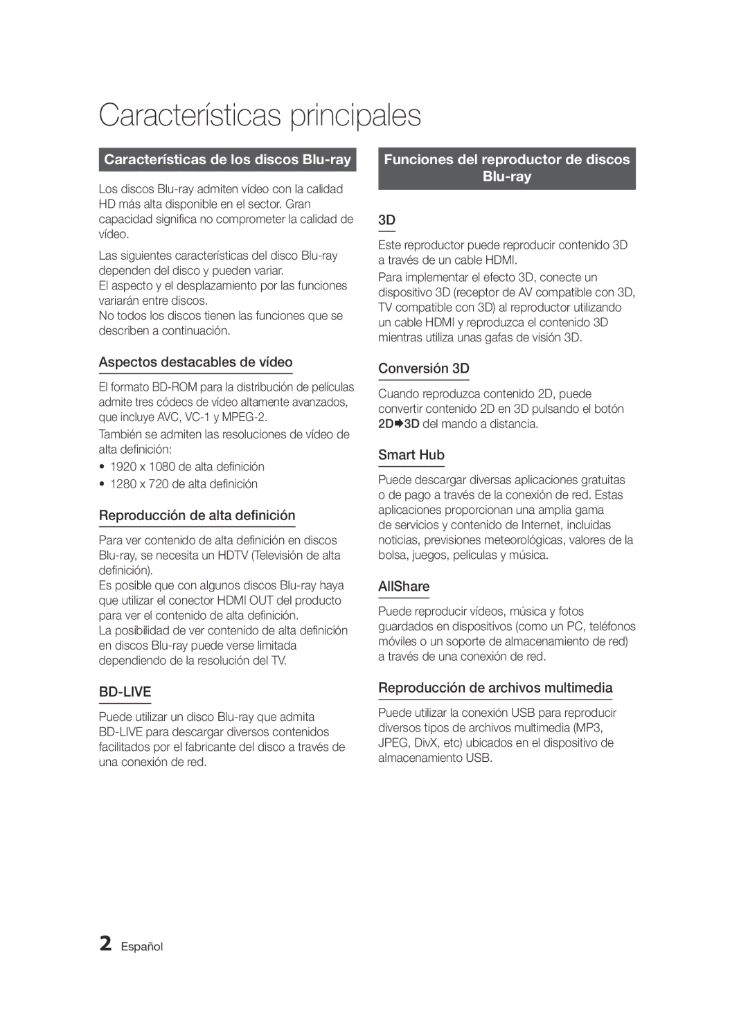 Samsung BD-D7500E/ZF, BD-D7500/XN, BD-D7500/ZF manual Características principales, Características de los discos Blu-ray 