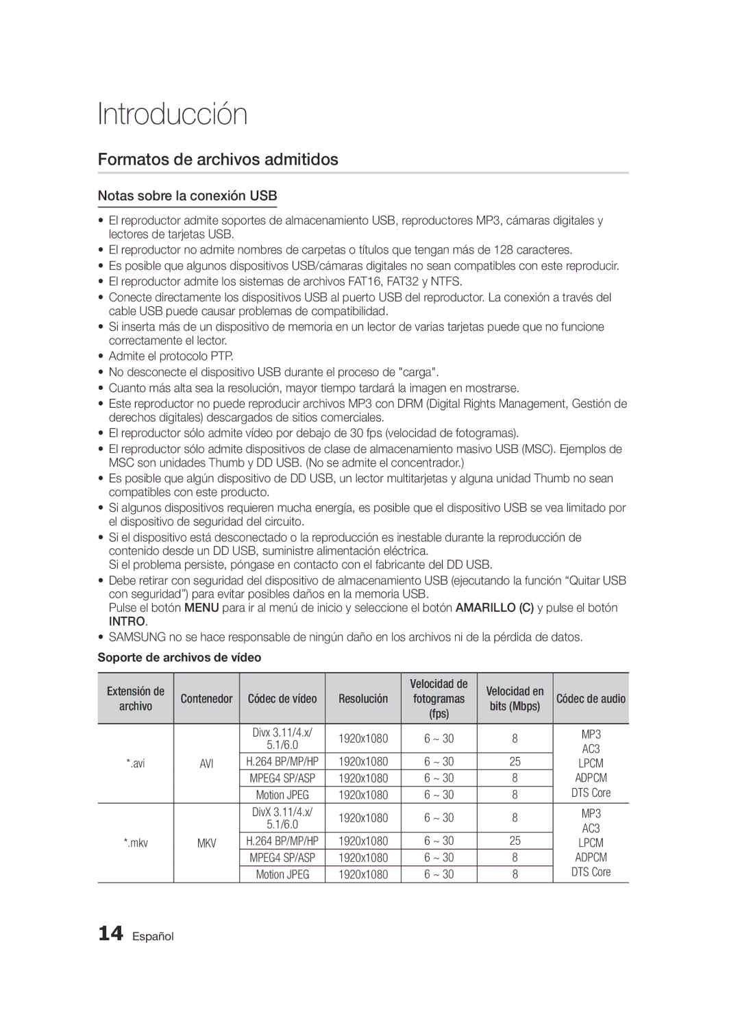 Samsung BD-D7500/ZF manual Formatos de archivos admitidos, Notas sobre la conexión USB, Intro, Soporte de archivos de vídeo 