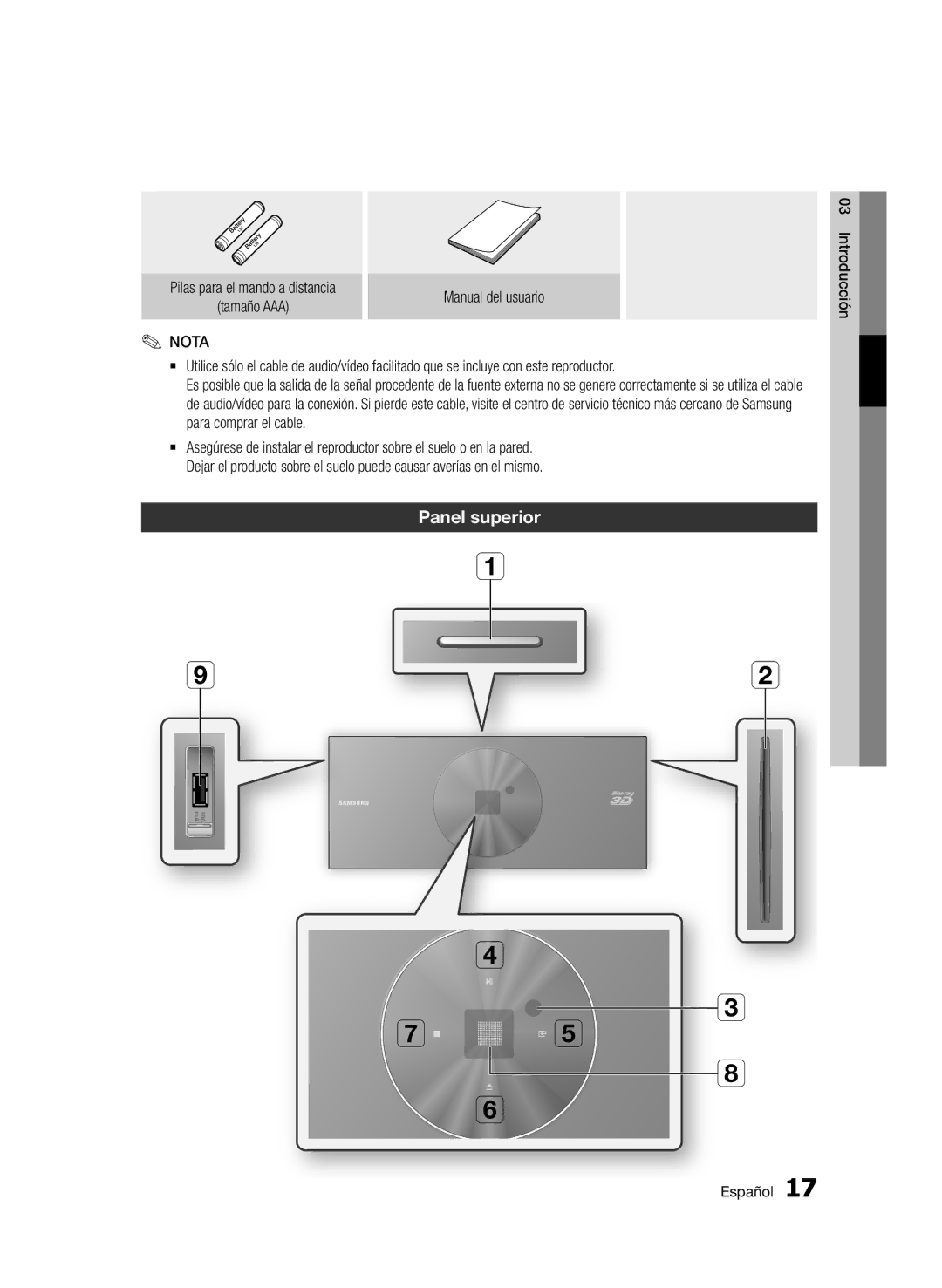 Samsung BD-D7500E/ZF, BD-D7500/XN, BD-D7500/ZF, BD-D7500B/ZF, BD-D7500/EN manual Panel superior, Nota 