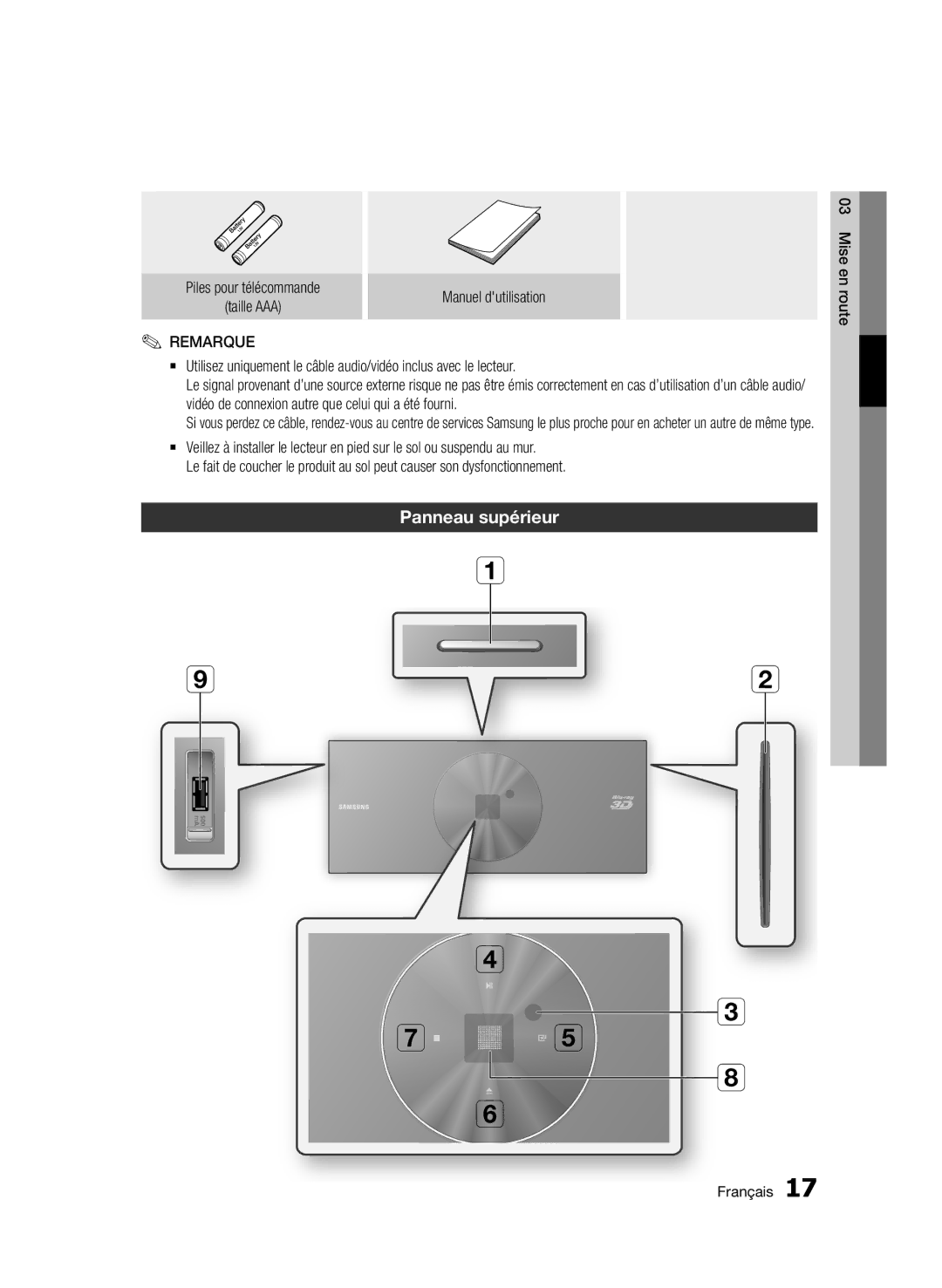 Samsung BD-D7500B/ZF, BD-D7500/XN, BD-D7500/ZF Panneau supérieur, Piles pour télécommande Manuel dutilisation Taille AAA 