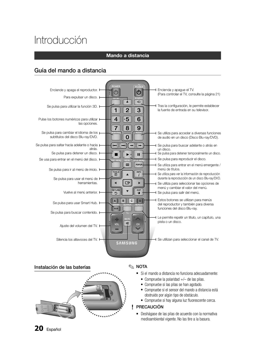 Samsung BD-D7500B/ZF, BD-D7500/XN Guía del mando a distancia, Mando a distancia, Instalación de las baterías, Precaución 